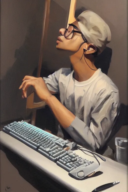 Image similar to painting of a young mexican man with short curly hair sitting at his work desk with an incredibly fancy mechanical keyboard, by artgerm and yoshitaka amano, trending on artstation