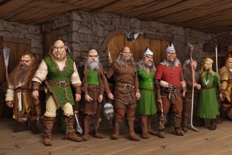 Prompt: A group of high fantasy Orc, Elf, and Dwarf Adventurers lined up for a portrait in a tavern, Screenshot of Wes Anderson's New RPG Movie, Photo realistic, Regal, Formal, Symmetrical, Satisfying, Dynamic lighting, Highly Detailed, Cinematic Lighting, 8k, HD