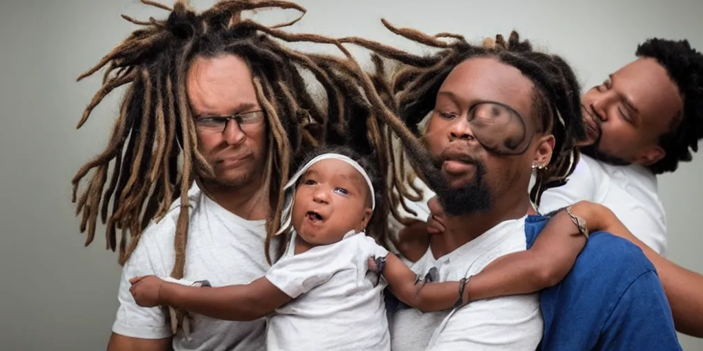 Prompt: a baby with dreadlocks, carried by his dad