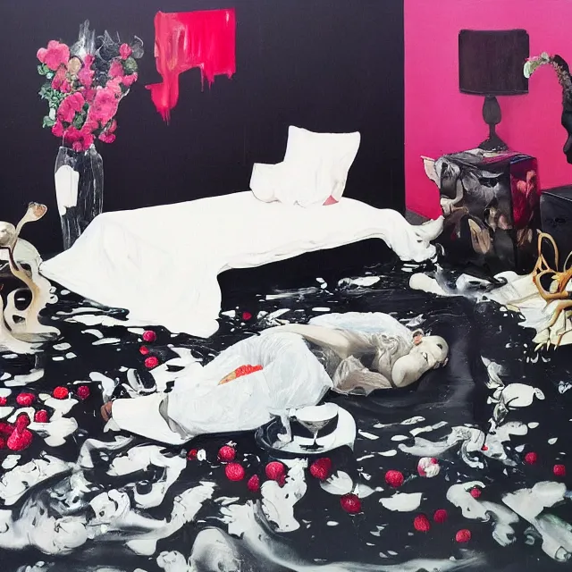 Prompt: bedroom room with black walls and a futon, sensual portrait of a woman sleeping, cracked handmade pottery vase, white flowers on the floor, puddle of water, octopus, squashed berries, neo - expressionism, surrealism, acrylic and spray paint and oilstick on canvas