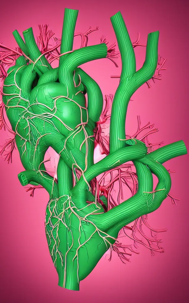 Image similar to intricated scientific medical 3d animation of the muscles and veins of a heart arteries with a heart in their hands photography 3d octane plastic render greenchromakey plastic rim light