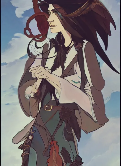 Image similar to concept art painting of an androgynous bird person with human face and black feathers, pirate clothes, detailed, cel shaded, in the style of makoto shinkai and james gurney and alphonse mucha and greg rutkowski and artgerm