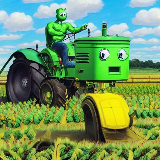 Image similar to green agricultural transformers with doraemon face and wings in the corn field, the upper body of fledged bodybuilder, taller than human, droid, robots, humanoid, farming, highly detailed, digital painting, feathers, agricultural tractor, artstation, concept art, smooth, sharp focus, illustration, art by artgerm and greg rutkowski, unreal engine