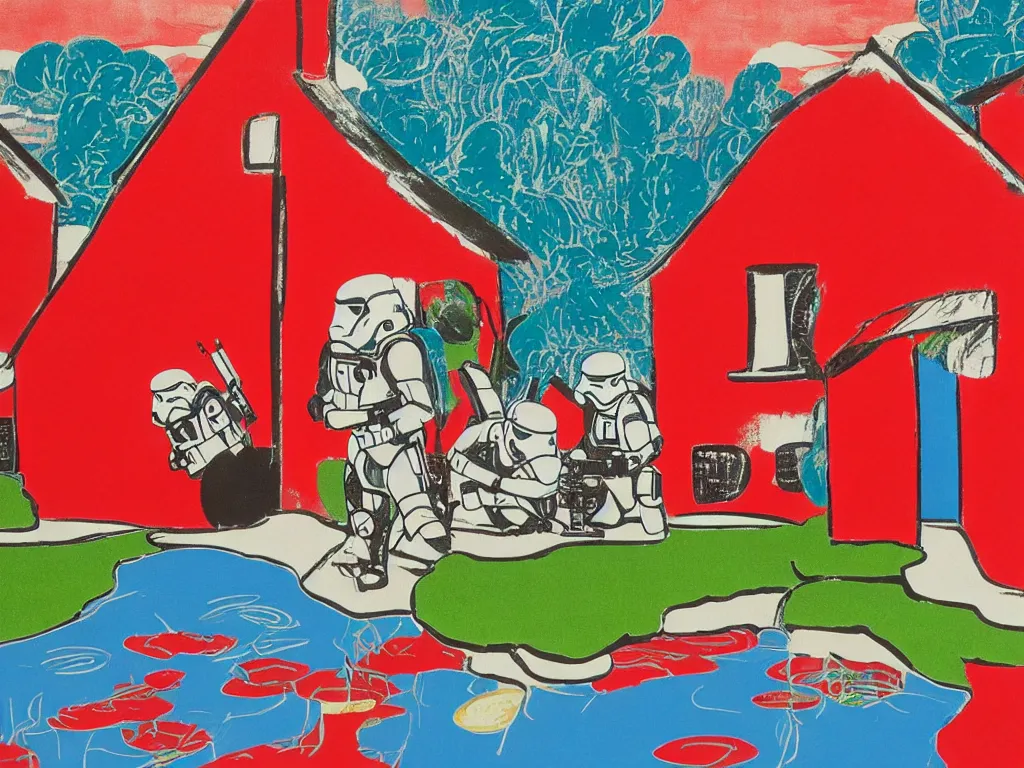 Image similar to close - up image of a red house with a pond, with stormtroopers sitting around it, a combination of pop - art and traditional japanese painting styles, the style of andy warhol, roy lichtenstein and jackie tsai, bright palette, acrylic on canvas