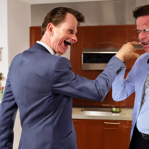 Image similar to chris Hanson being caught in the kitchen by another Chris Hanson,both wearing suits and looking surprised to see each other, photorealistic, 4k