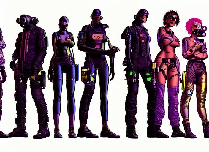 Prompt: cyberpunk hazmat team. portrait by stonehouse and mœbius and will eisner and gil elvgren and pixar. character design. realistic proportions. cyberpunk 2 0 7 7 character art, blade runner 2 0 4 9 concept art. cel shading. attractive face. thick lines. the team. diverse characters. shadowrun.