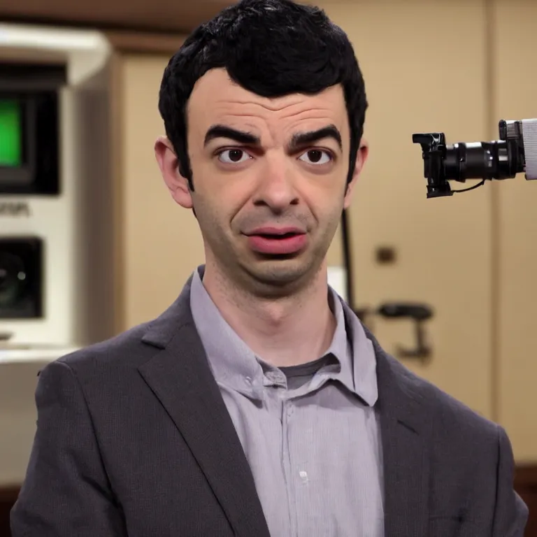 Prompt: dslr photograph of nathan fielder from nathan for you on comedy central controlling a puppet version of himself filmed by a tv crew, high detail!!! 8 k photorealism sharp focus volumetric lighting, coherent!!! art directed, rule of thirds,