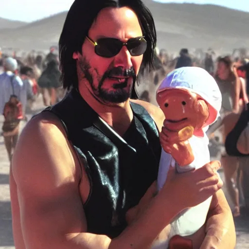 Image similar to keanu reeves dressed as a baby smoking a hot dog at burning man