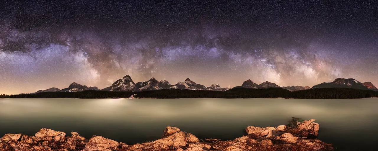 Prompt: beautiful nighttime landscape photography of the Rocky Mountains with a crystal blue lake, hyper detailed milky way galaxy sky, serene, dramatic lighting, hyperrealist reflections on the water surface, wide angle lens