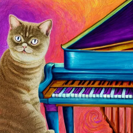 Prompt: british shorthair cat playing the piano, surrounded by musical notes, colorful detailed painting in the style of josephine wall 4 k