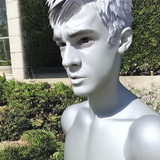 Image similar to “a realistic detailed photo of a guy who is an attractive humanoid who is half robot and half humanoid, who is a male android, twitch streamer Ninja Tyler Blevins, shiny skin, posing like a statue, blank stare, fountain outside house, display”