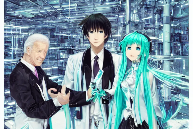 Image similar to fractal hatsune miku and joe biden, romance novel cover, cookbook photo, in 1 9 9 5, y 2 k cybercore, industrial photography, still from a ridley scott movie