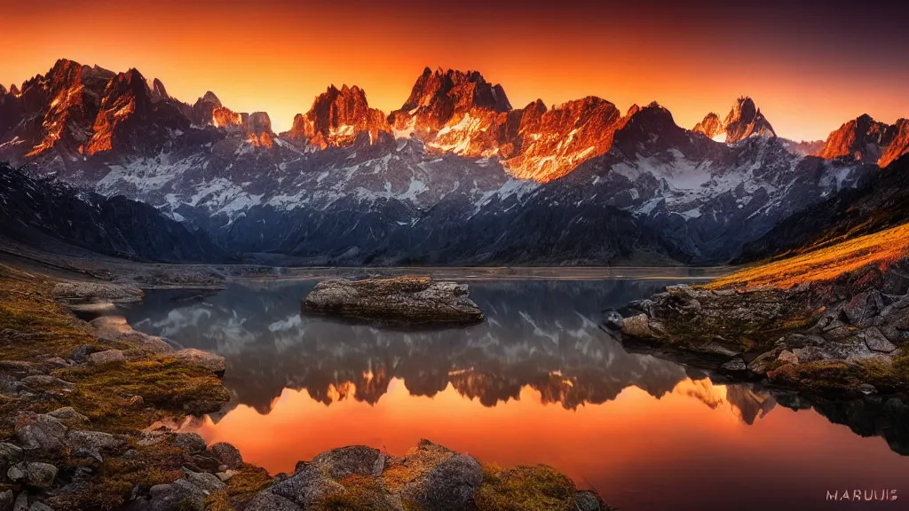 Image similar to amazing landscape photo of mountains with lake in sunset by marc adamus, beautiful dramatic lighting