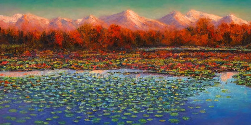 Image similar to impressionism painting of a pond of water lily on a foggy morning, red barn in distance, sun low on horizon through snow capped mountains, soft light