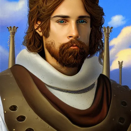 Prompt: portrait of a young squire, illustration by larry elmore, michael wellen, john stephens, in a medieval city, tone mapping, airbrushed clouds, trending on artstation