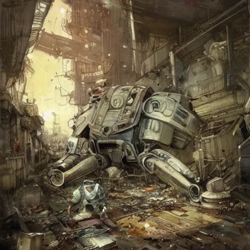 Image similar to cluttered science fiction robot wrecking yard. muted colors. by Jean-Baptiste Monge !!!!!!!!!!!!!!!!!