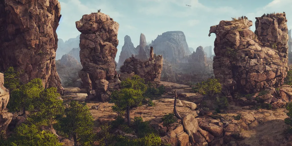 Image similar to Rocky arch connect two sides from left to right over the canyon, in the distance ancient castle with destroyed tower, highly detailed, matte painting, wide lens, ultra realistic, 4k, 8k resolution, trending on artstation, octane render, unreal engine.