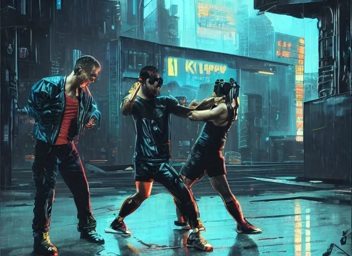 Image similar to cyberpunk kickboxing match ( blade runner 2 0 4 9, dystopian, cyberpunk 2 0 7 7 character design ). portrait by james gurney and laurie greasley, oil on canvas. cinematic, hyper realism, realistic proportions, dramatic lighting, high detail 4 k