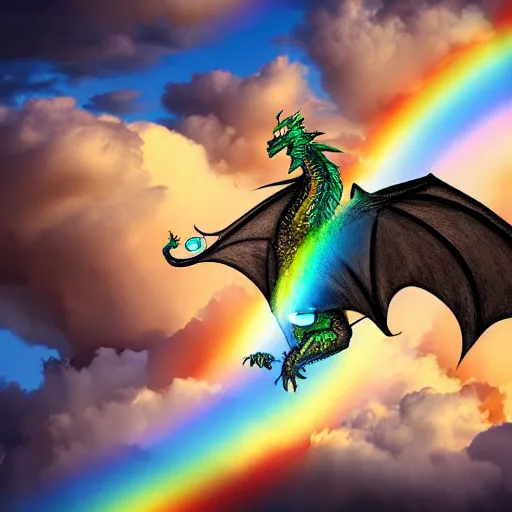 Prompt: Dragon seen from above flying over a rainbow and clouds, digital art 4k