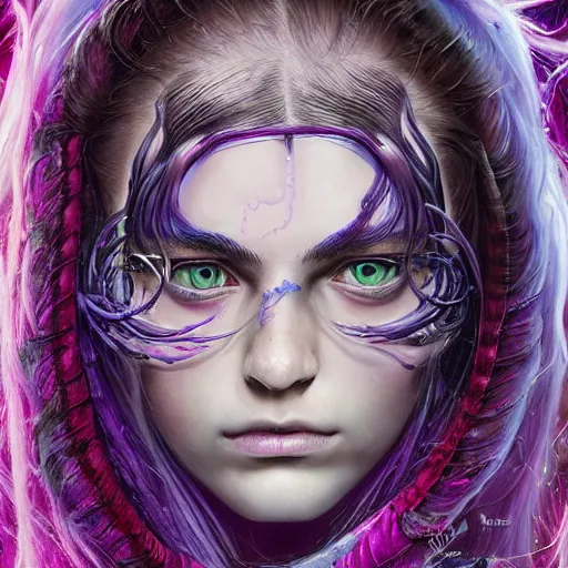 Image similar to detailed photo portrait of a furious teen girl with thin, hair-like purple tentacles on her head and bright purple eyes, 8k,by tristan eaton, Stanley Artgermm,Tom Bagshaw,Greg Rutkowski,Carne Griffiths,trending on DeviantArt, face enhance,hyper detailed ,full of colour, dramatic lightning