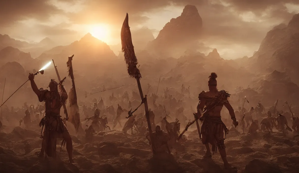 Image similar to an ancient tribesman with laser sword standing in front of barbarian horde, dramatic lighting, cinematic, establishing shot, extremely high detail, photorealistic, cinematic lighting, artstation, octane render, western,old photo, vintage