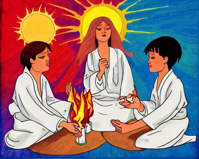 Image similar to Children in white robes with glowing pink eyes and sun ray flame hair and bare feet holding lit matches and singing flat folk art style