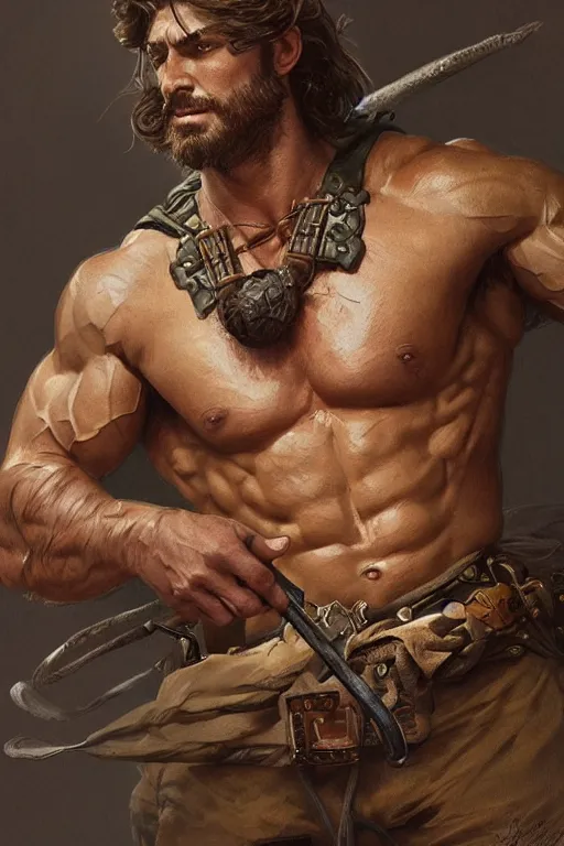 Image similar to portrait of a rugged ranger, muscular, handsome, upper body, hairy torso, D&D, fantasy, intricate, elegant, highly detailed, digital painting, artstation, concept art, smooth, sharp focus, illustration, art by artgerm and Greg Rutkowski and Alphonse Mucha