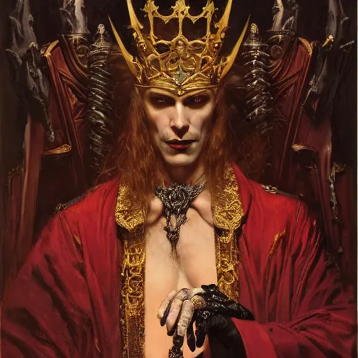 Image similar to perfectly centered portrait of attractive vampire king in a robe sitting on a throne of bones, highly detailed painting by gaston bussiere, craig mullins, j. c. leyendecker, 8 k