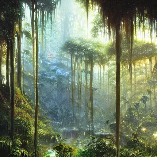 Image similar to artwork of the cinematic view of the glittery jungles by john howe, trending on artstation