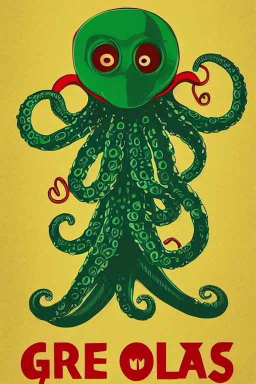 Prompt: a movie poster for the film (green octopus dancing with tentacles) by Tom Whalen, highly detailed, award winning creature portrait, fantasy, artstation