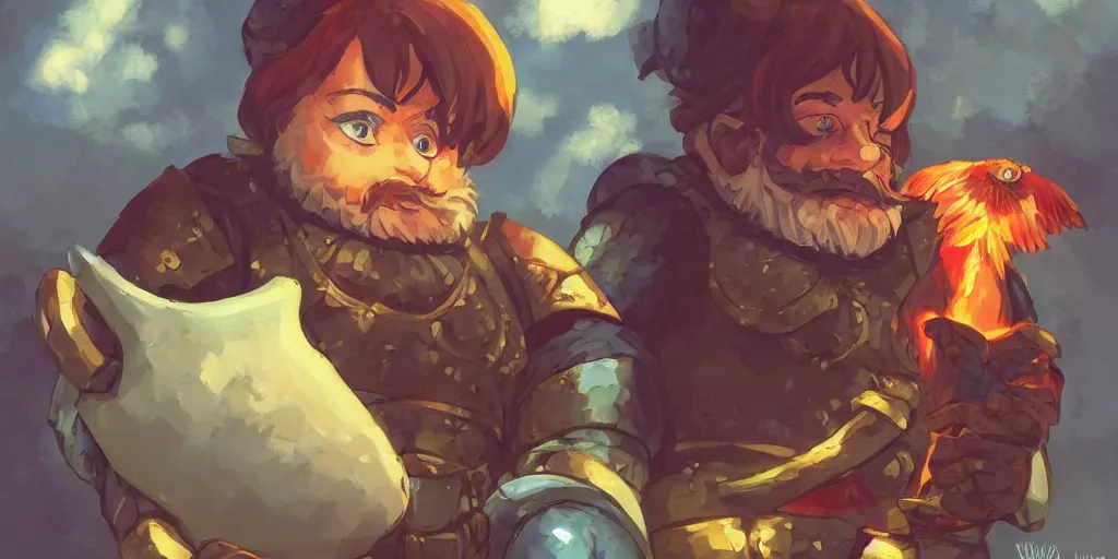 Prompt: a grumpy dwarf in a heavy armor, holding wine bottes and dead chicken, magical, bright, colorful, fantastic lighting, amazing details, 4 k uhd, illustration by hayao miyazaki and makoto shinkai and ilya kuvshinov, artstation, pixiv,