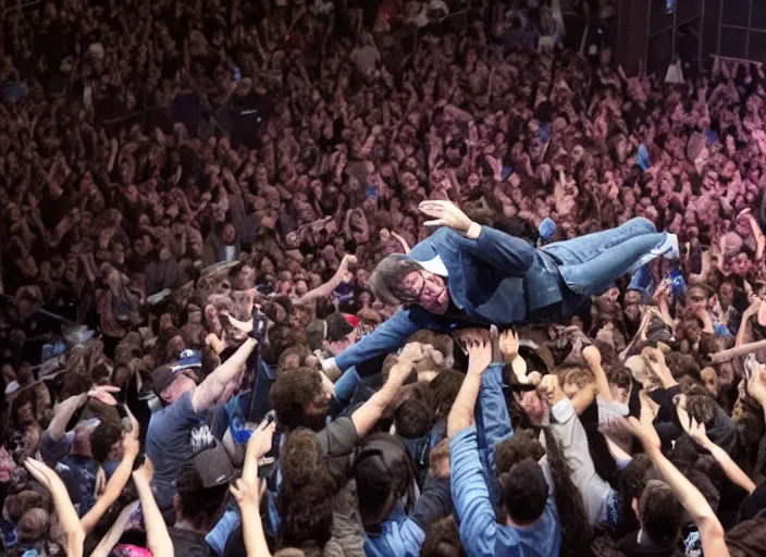 Prompt: publicity photo still of bernie sanders crowd surfing live on stage, 8 k, live concert lighting, mid shot