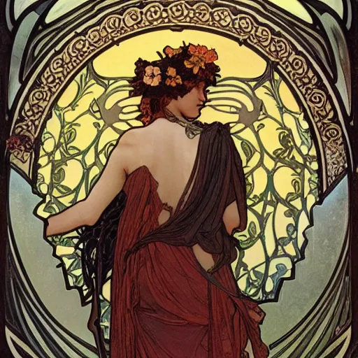 Image similar to persephone as goddess of death, flowers, dark, evil, painted by alphonse mucha