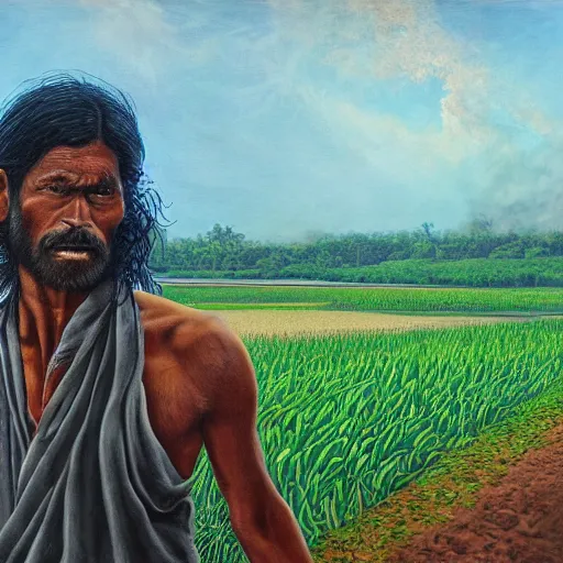 Prompt: portrait of head and body, single bangla farmer fighting on hoseback, hand to hand combat with machete, full body view, long flowing hair, fighting for his life, nebula aura surrounding subject, horseback combat attacker foreground, background of invading army, nestor canavarro hyperrealist art style, sharp outlines