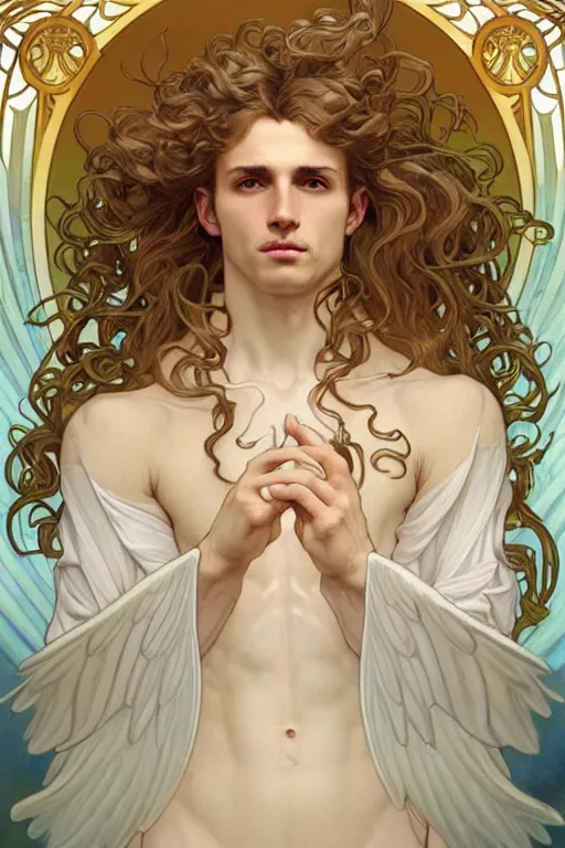 Image similar to a beautiful young fit male angel with curly blond hairs, dressed with fluent clothes, majestic symmetrical wings, luminous halo, by greg rutkowski and alphonse mucha, d & d character, gradient white to gold, in front of an iridescent background, highly detailed portrait, digital painting, artstation, concept art, smooth, sharp focus illustration, artstation hq