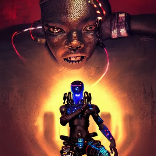 Image similar to a dark and ominous cyborg african child soldier with glowing eyes and tribal facial scarification, neon graffiti, Apex Legends character digital illustration portrait design, by android jones and greg rutkowski in a cyberpunk voodoo style, retrowave color scheme, detailed, cinematic lighting, wide angle action dynamic portrait