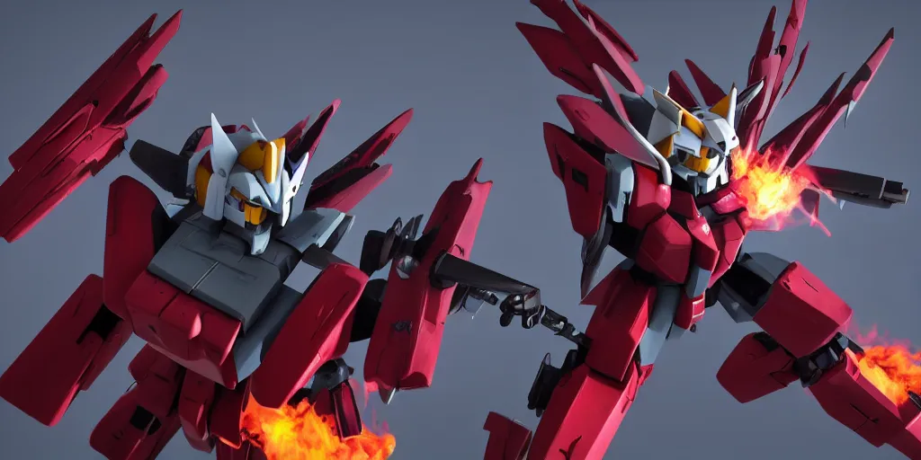 Image similar to 3 d model of a socialist gundam with fire wings, cinematic lighting, dramatic scene, plasma, highly detailed