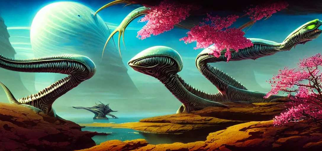 Image similar to photo of an alien fish in the style of roger dean, realistic, sharp focus, 8 k high definition, insanely detailed, intricate, elegant, art by greg rutkowski and artgerm, extreme blur cherry blossoms background