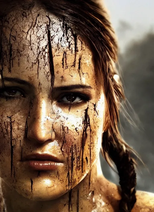 Image similar to a film still of lara croft as cop, her face muddy and sweat, direct sun light, close up potrait, cinematic,