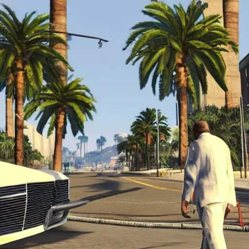 Prompt: Michael Ehrmantraut in GTA V . Los Santos in the background, palm trees. In the art style of Stephen Bliss.