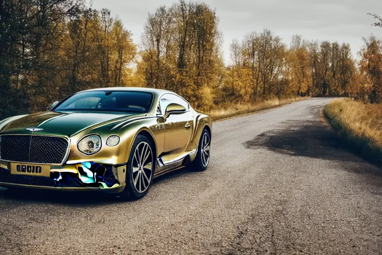 Prompt: Bentley Continental GT in shiny gold film drives along old Russian village road