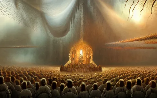 Prompt: hyper-detailed photo of a sacred undead ceremony, 8k, ultra detail, hyperrealism, science-fantasy, concept art, cinematic accent lighting, artstation, Zdzislaw Beksinski, Alexander Fedosov, Dan Mumford, muted color palette, soft light, divine proportion, digital oil painting rendered in vray, hyper-detailed