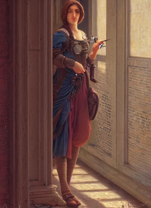 Image similar to intricate oil painting portrait by John William Godward and Anna Dittman depicting a female steampunk explorer in bright outdoor hallway, evening, atmospheric lighting, intricate detail, cgsociety, hyperrealistic, octane render, RPG portrait, ambient light, dynamic lighting