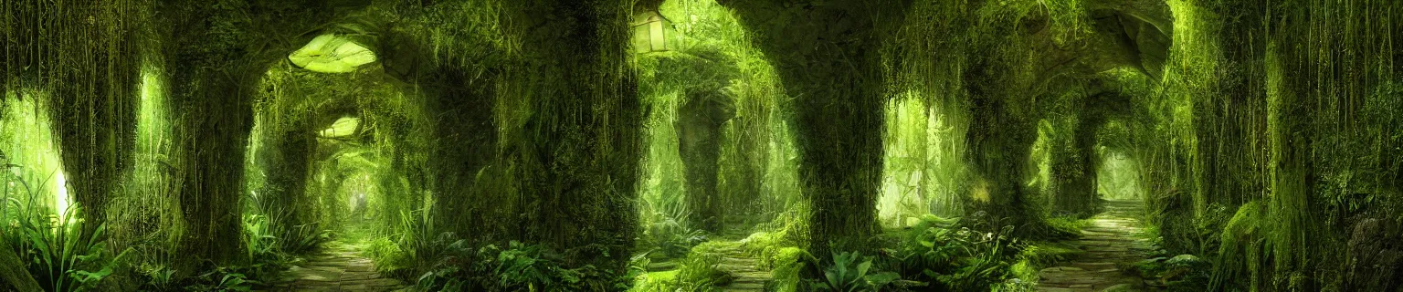 Image similar to Temple hallway, densley overgrown with moss, plants, flowers, ferns, some fireflies flying in the air, atmospheric, amazing and immaculate scale, trending on Artstation, digital art