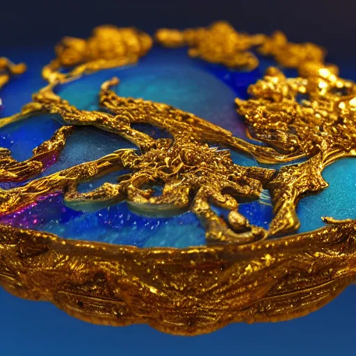 Image similar to octane render : intricate, precision, meticulously carved hyperdetailed ruby crystal, floating on a dripping stream of molten gold that is being filtered through a brilliant blue satin marbled sheet in infinite time. 8 k resolution, 8 k 3 d, photorealistic.