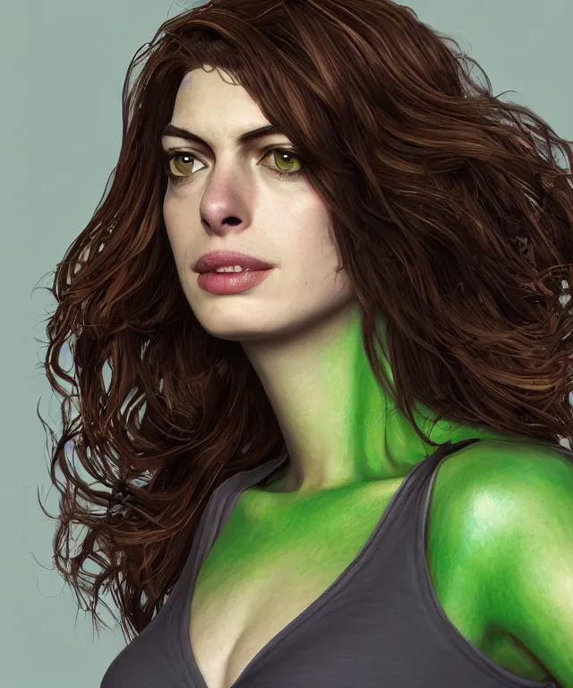 Image similar to anne hathaway as shehulk, au naturel, hyper detailed, digital art, trending in artstation, cinematic lighting, studio quality, smooth render, unreal engine 5 rendered, octane rendered