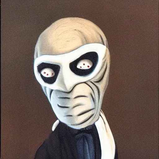 Prompt: pulcinella looks like mr burns, white clothing, mask, painted by antoinette kelly