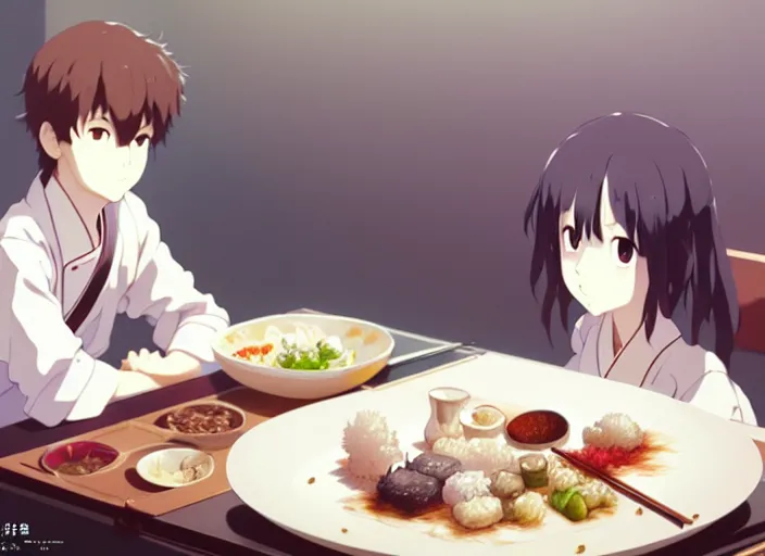 Image similar to a film still portrait of a plate with japanese food onigiri, finely detailed features, closeup at the food, perfect art, at a dinner table, gapmoe yandere grimdark, trending on pixiv fanbox, painted by greg rutkowski makoto shinkai takashi takeuchi studio ghibli, akihiko yoshida