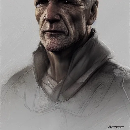 Image similar to Portrait of a man by Greg Rutkowski, he is about 60 years old, short blond hair, athletic and strong, straight jaw, wearing a futuristic tactical gear, expression of determination with weariness and resignation, older brother vibes, highly detailed portrait, digital painting, artstation, concept art, smooth, sharp foccus ilustration, Artstation HQ.