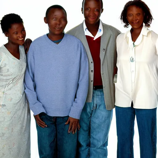 Prompt: 2004 sitcom family photo in Rwanda, white studio background